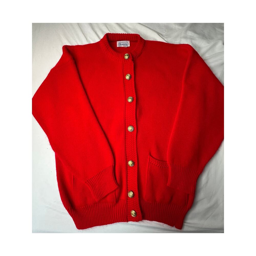 Vintage 80s Brunny Red Knit Cardigan Gold Crest Buttons USA Made Medium